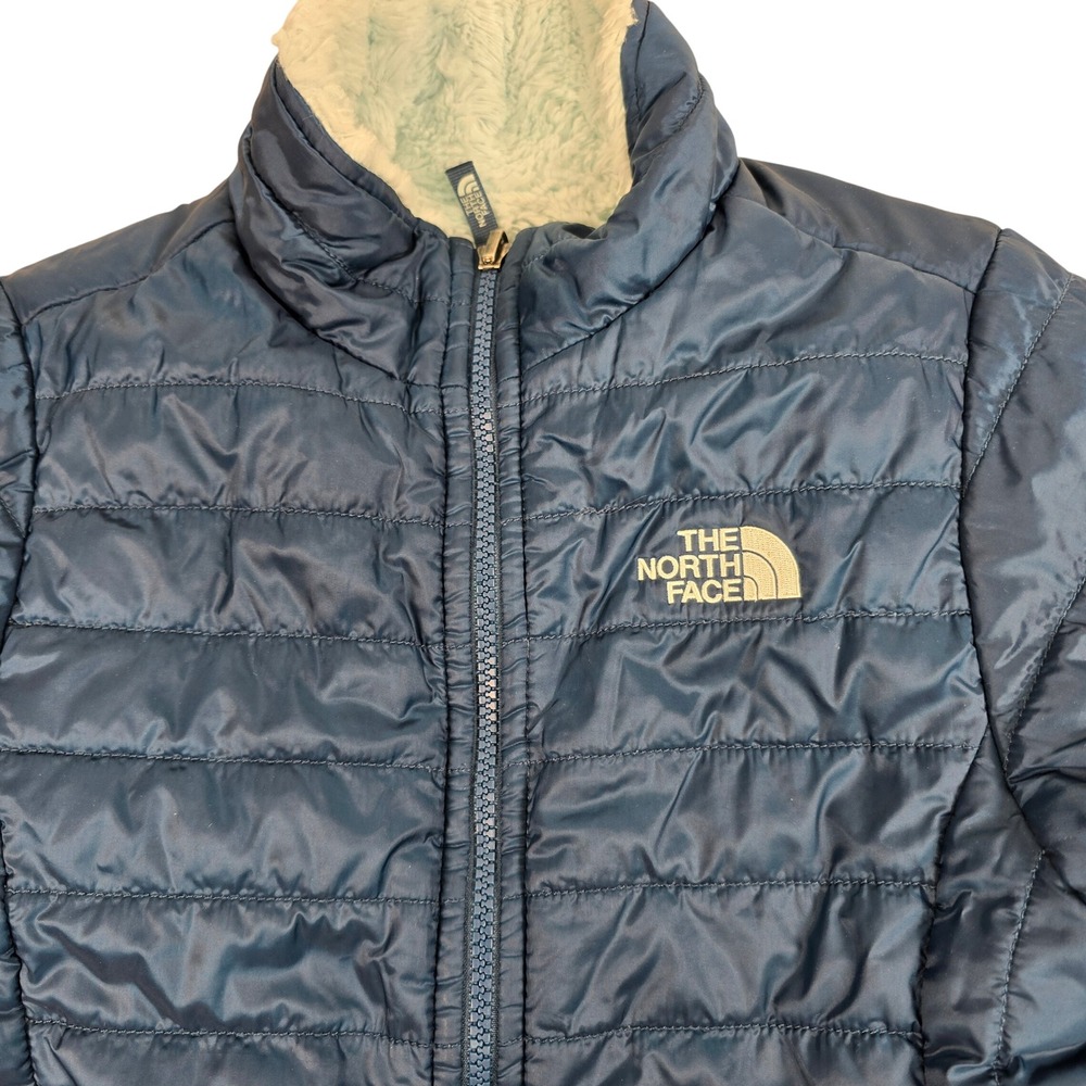 The North Face Girls Reversible Mossbud Swirl Jacket Navy Blue Fleece L 14-16